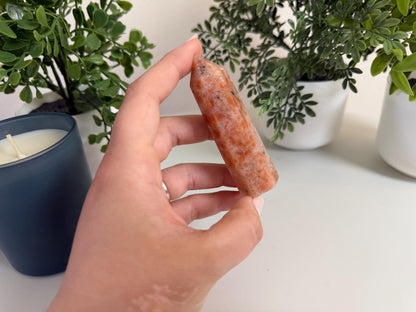 Sunstone Crystal Tower: Warm Peach Orange, Natural Sparkle, Uplifting Energy