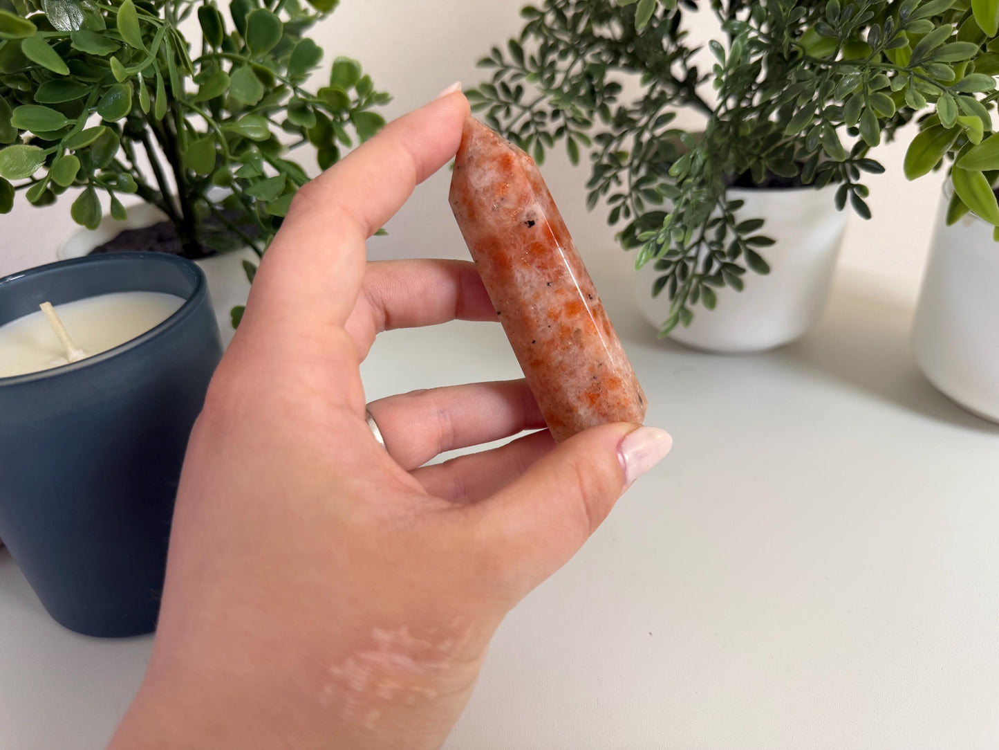 Sunstone Crystal Tower: Warm Peach Orange, Natural Sparkle, Uplifting Energy