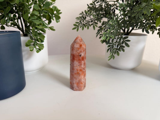 Sunstone Crystal Tower: Warm Peach Orange, Natural Sparkle, Uplifting Energy