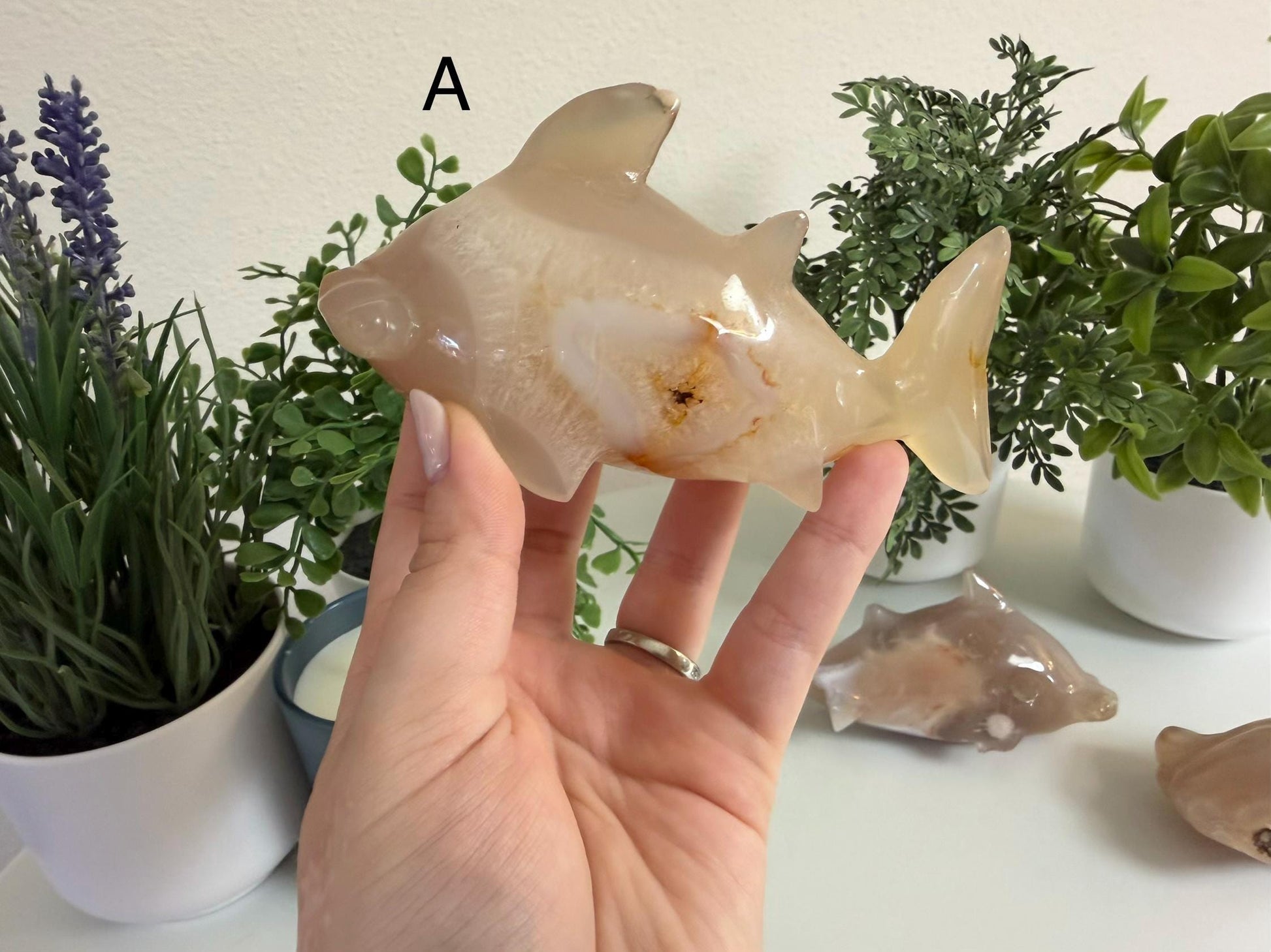 Flower Agate Hammerhead Shark Carvings