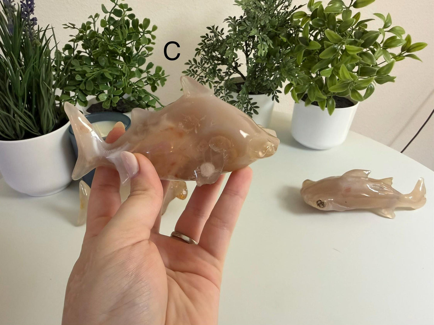 Flower Agate Hammerhead Shark Carvings