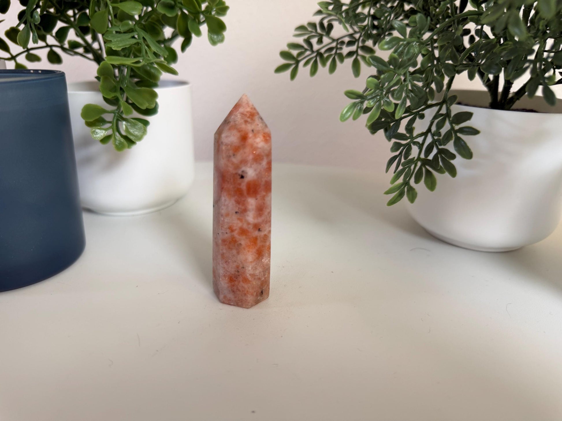 Sunstone Crystal Tower: Warm Peach Orange, Natural Sparkle, Uplifting Energy