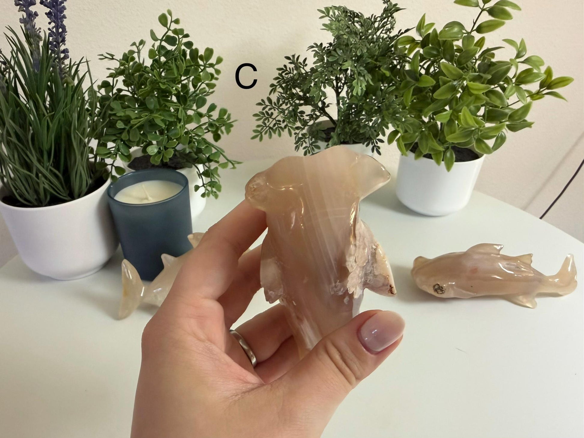 Flower Agate Hammerhead Shark Carvings