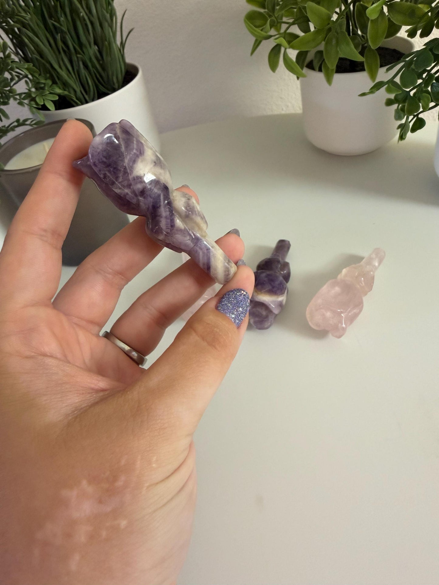 Mini Crystal Rose Carving | Rose Quartz or Chevron Amethyst