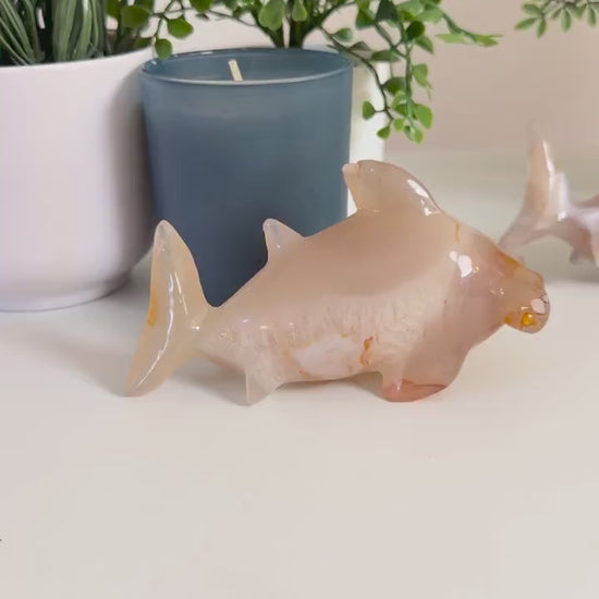 Flower Agate Hammerhead Shark Carvings