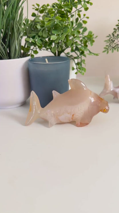 Flower Agate Hammerhead Shark Carvings