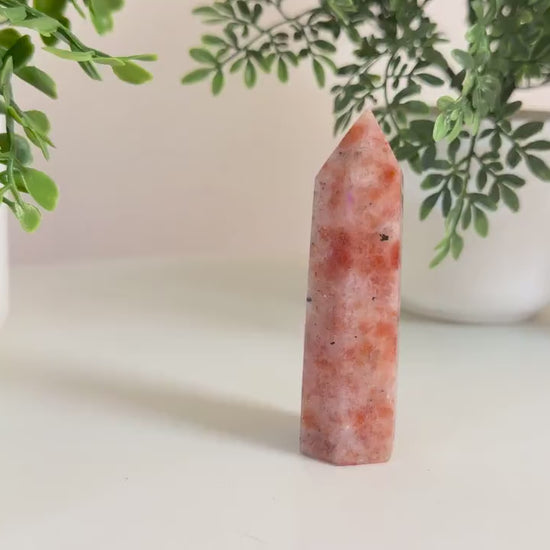 Sunstone Crystal Tower: Warm Peach Orange, Natural Sparkle, Uplifting Energy