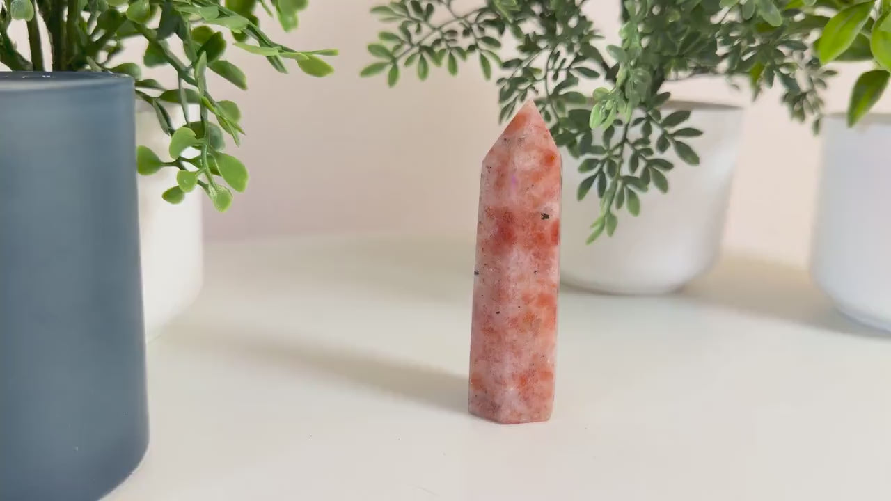 Sunstone Crystal Tower: Warm Peach Orange, Natural Sparkle, Uplifting Energy